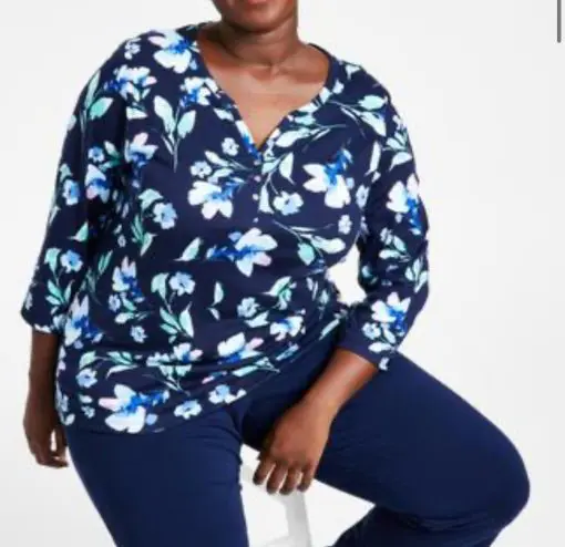 Karen Scott Plus Size Floral Henley Top,  Intrepid Blue 2X