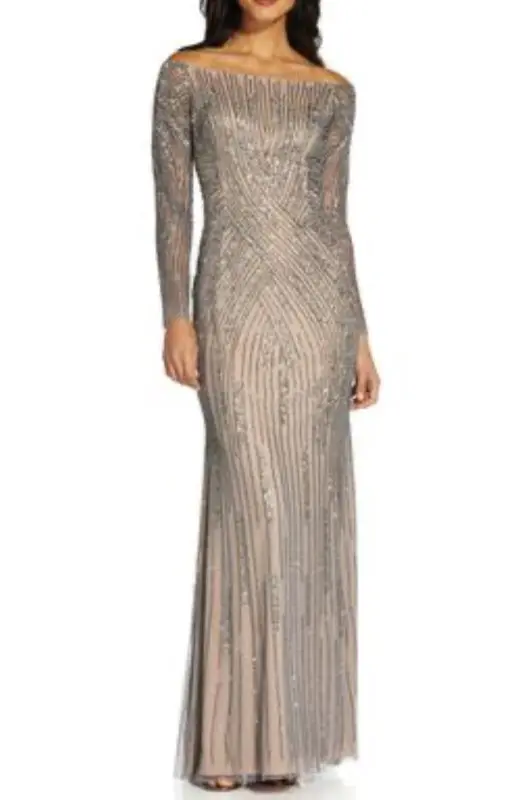 Adrianna Papell Sequin Off-the-Shoulder Gown - Sterling Silver 12