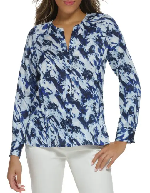 Donna Karan Women's Printed Split-Neck Button Blouse - Navy L