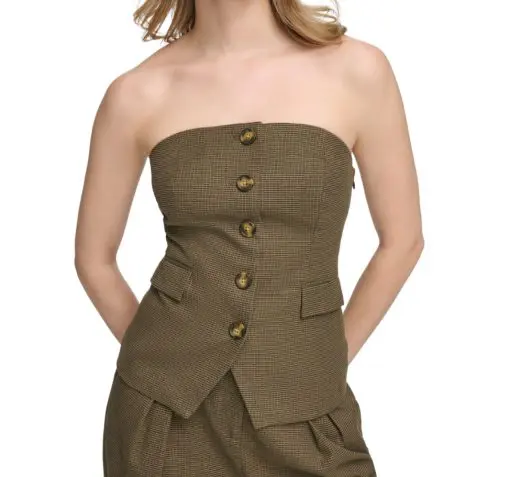 Calvin Klein Women's X-Fit Strapless Houndstooth Button-Front Vest - Coffee Bean Multi 8