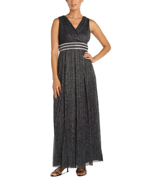 R & M Richards Crinkle Pleated Gown - Black/Silver 18