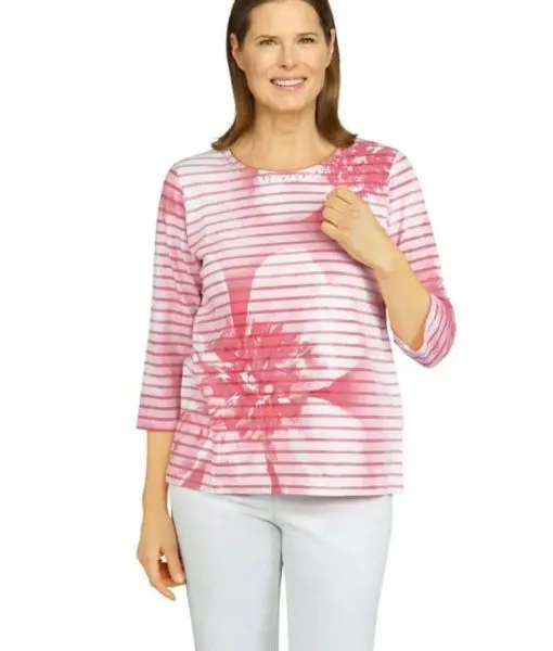 Alfred Dunner Women's Plus Floral Stripe Top 2X