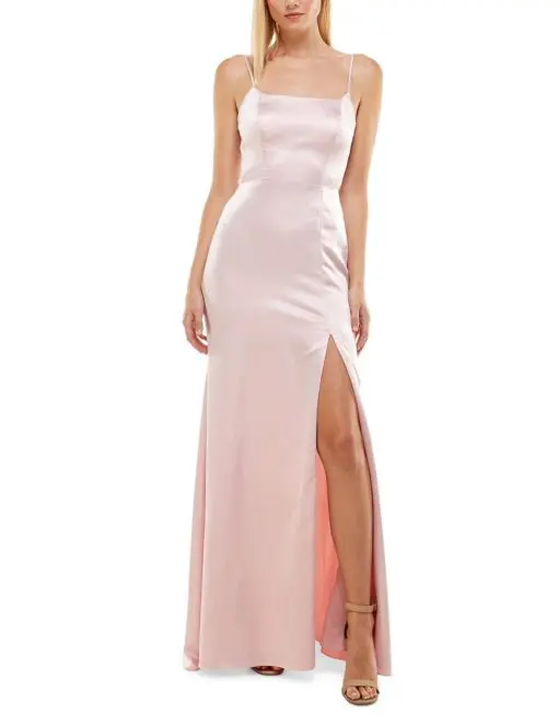 B DARLIN Womens Pink Stretch Zippered Lace-up Back High Side Slit Spaghetti Strap Square Neck Full-Length Formal Gown Dress Juniors 56 * Missing back strap