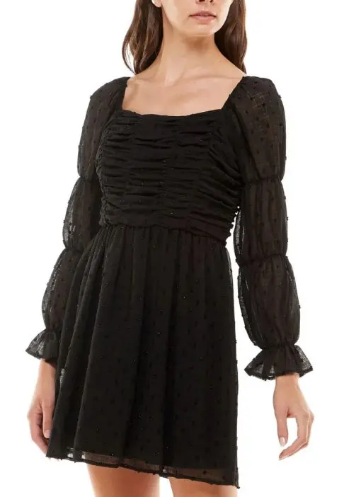 CRYSTAL DOLLS Womens Black Ruffled Sheer Long Sleeve Square Neck Short Party Shift Dress Juniors M