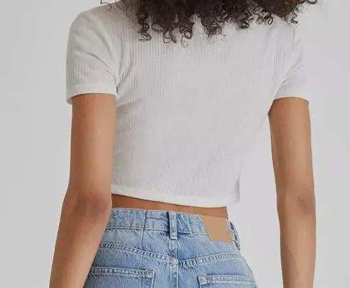 French Connection Women's White Sheilla Rib V-Neck Crop Top Size S