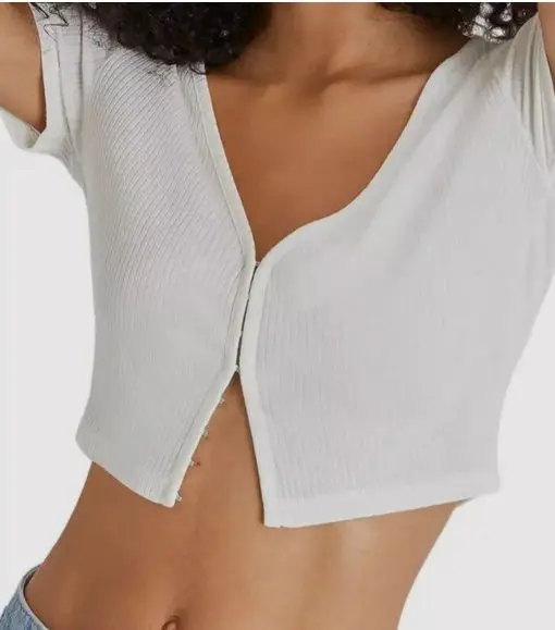 French Connection Women's White Sheilla Rib V-Neck Crop Top Size S - Image 2