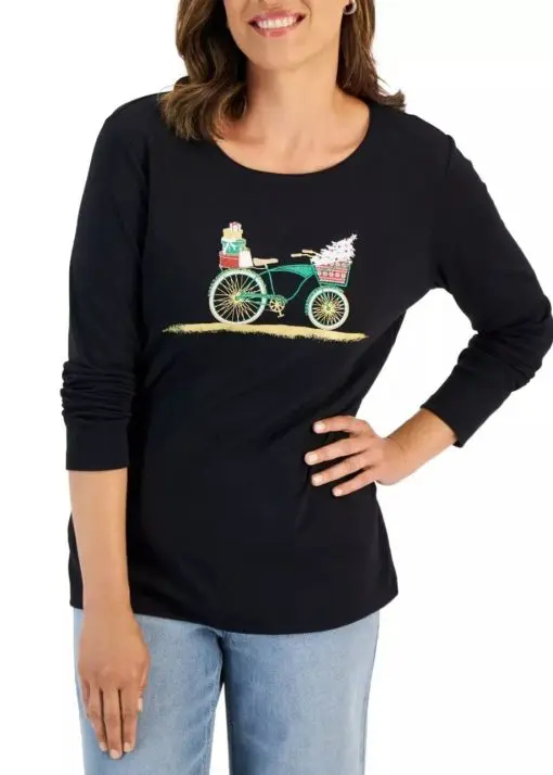 Karen Scott Women's Long Sleeve Holiday Top Black Size Large