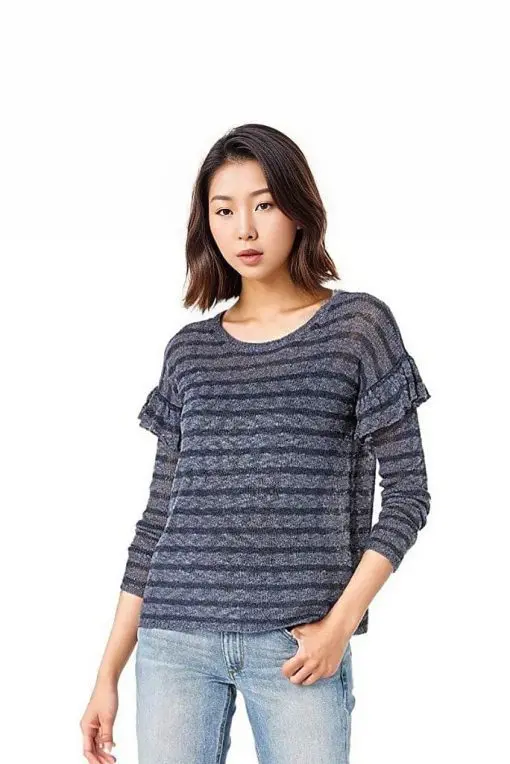 Kensie Indigo Blue Ruffle Sleeve Stripe Sweater L