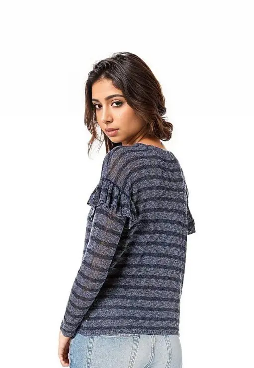 Kensie Indigo Blue Ruffle Sleeve Stripe Sweater L - Image 2