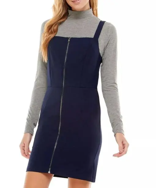 KINGSTON GREY Womens Navy Stretch Zippered Heather Long Sleeve Mock Neck Above The Knee Sheath Dress Juniors S