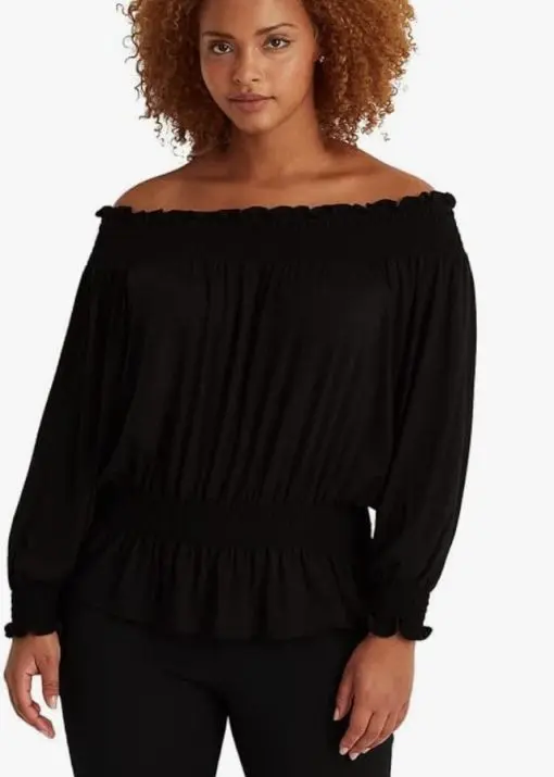 Lauren Ralph Lauren Women's Plus-Size Jersey Off-The-Shoulder Top (Black, 3X)