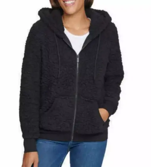 MARC NY WOMEN'S TEDDY FLEECE HOODIE SHERPA FULL ZIP JACKET (BLACK, XXL)