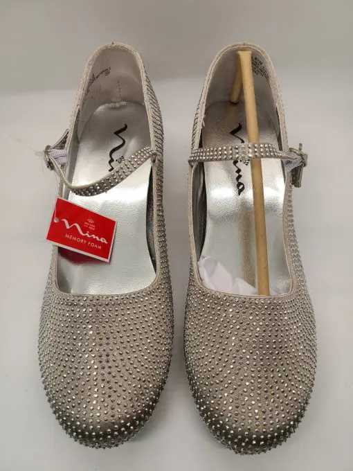 NEW Nina Girls Zelia Mary Jane Silver Satin Metallic Stud Buckle Dress Shoes 4.5 M