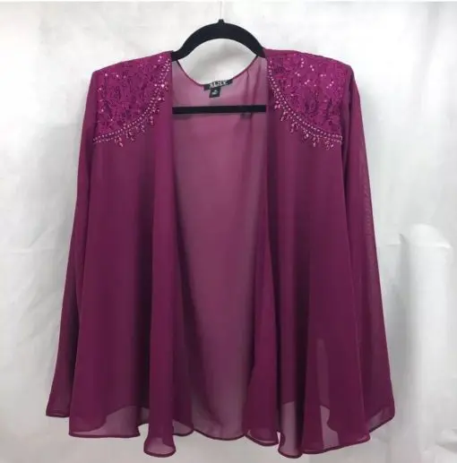 SLNY Womens Jacket Coat Purple Open Front Lace Rhinestones Long Sleeve 8 New