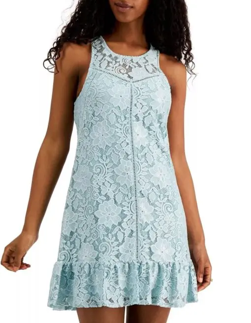 SPEECHLESS Womens Aqua Stretch Lace Ruffled Hem Illusion Neckline Floral Sleeveless Jewel Neck Above The Knee Party Shift Dress Juniors L