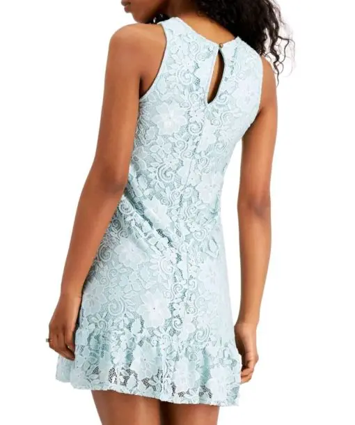 SPEECHLESS Womens Aqua Stretch Lace Ruffled Hem Illusion Neckline Floral Sleeveless Jewel Neck Above The Knee Party Shift Dress Juniors L - Image 2