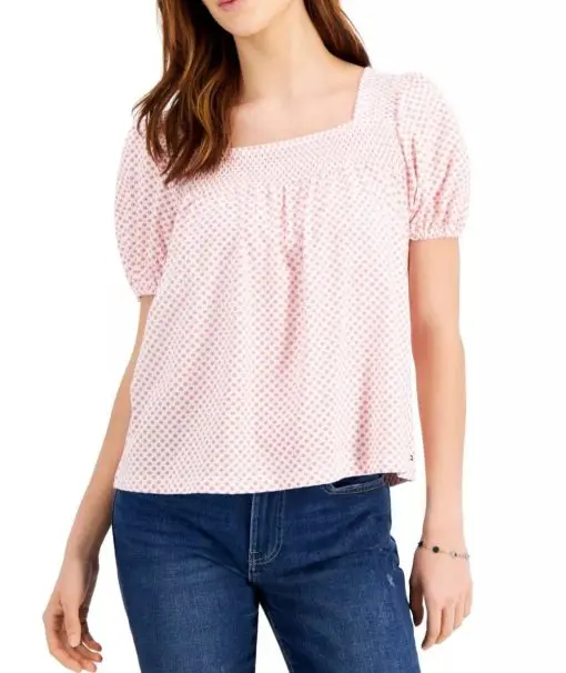 Tommy Hilfiger Women's Daisy Dot Puffed Sleeve Top Pink Size X-Large