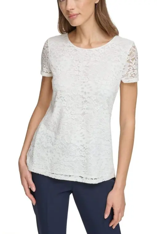 Tommy Hilfiger Women's Lace Scoop Neck Short Sleeve Woven Top Blouse SIZES