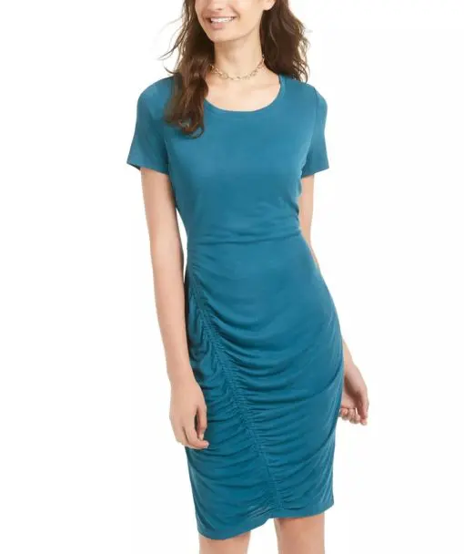 ULTRA FLIRT Womens Teal Ruched Short Sleeve Jewel Neck Above the Knee Sheath Dress Juniors S