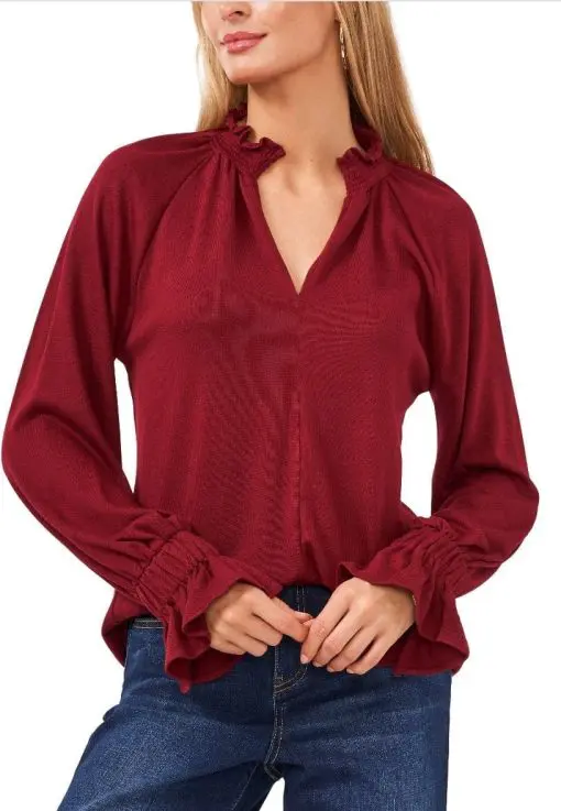 Vince Camuto Womens Red Smocked Bell Cuffs Long Sleeve Split Sweater Xs