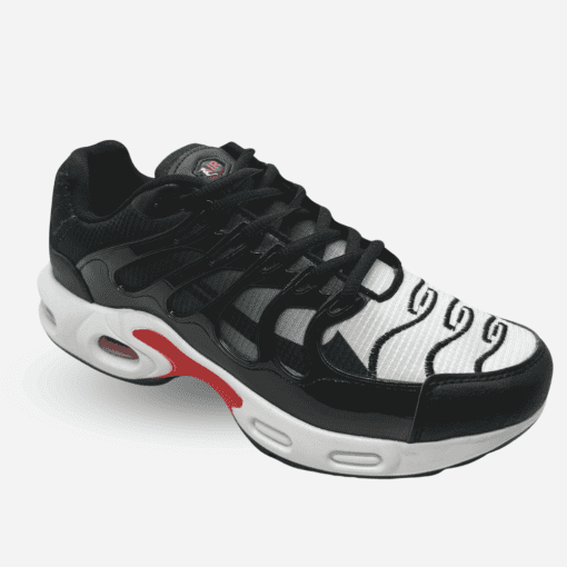 Men’s Black & White Athletic Sneakers with Red Accents - Sleek Air-Cushioned Design for Comfort and Style