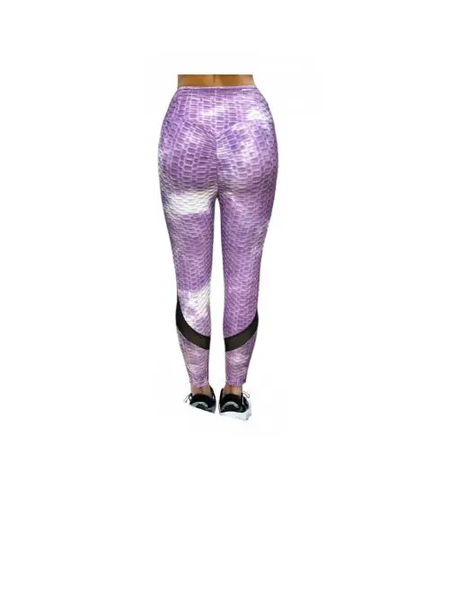 Women's Tie-Dye Honeycomb Textured Leggings with Mesh Panels – Purple & White - Image 3