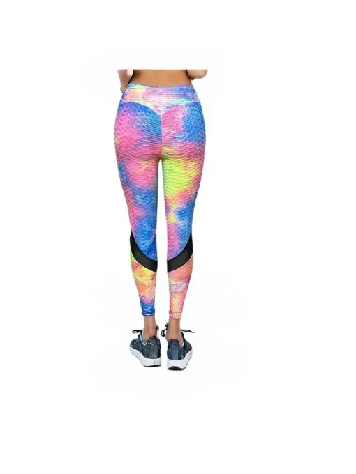 Women's Rainbow Tie-Dye Honeycomb Textured Leggings with Mesh Panels-In-Rainbow Tie-Dye with Black Mesh Accents - Image 3