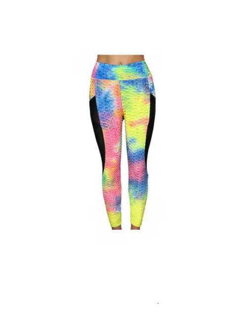 Women's Rainbow Tie-Dye Honeycomb Textured Leggings with Mesh Panels-In-Rainbow Tie-Dye with Black Mesh Accents