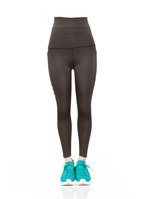 Women's High-Waist Chocolate Brown Fitness Leggings with Side Pockets and Reflective Accents