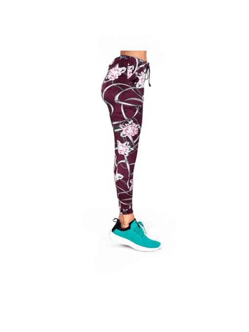 Women's Floral Print High-Waisted Drawstring Jogger Leggings – Elegant Burgundy & Pink Design - Image 2