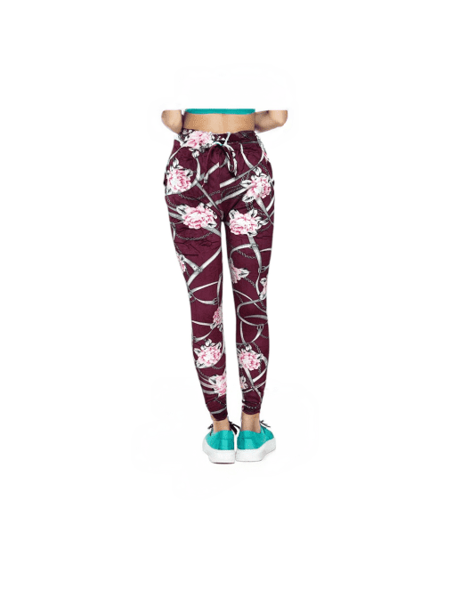 Women's Floral Print High-Waisted Drawstring Jogger Leggings – Elegant Burgundy & Pink Design - Image 3