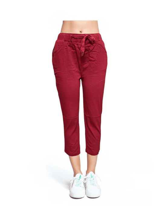 Women's Maroon High-Waist Drawstring Cropped Pants - Casual Loose Fit