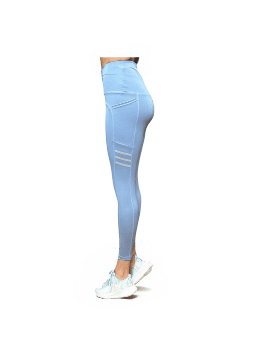 Women's High-Waisted Sky Blue Leggings - Stylish Compression Fit with Side Pockets - Image 2