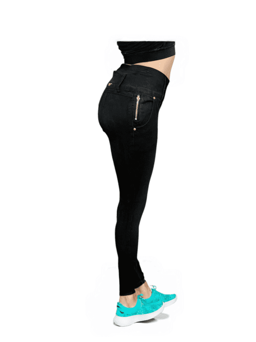 Women's High-Waist Stretch Skinny Colombian Jeans with Gold Zipper Accents - Black - Image 2