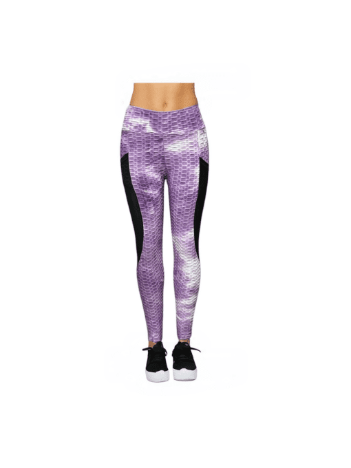 Women's Tie-Dye Honeycomb Textured Leggings with Mesh Panels – Purple & White