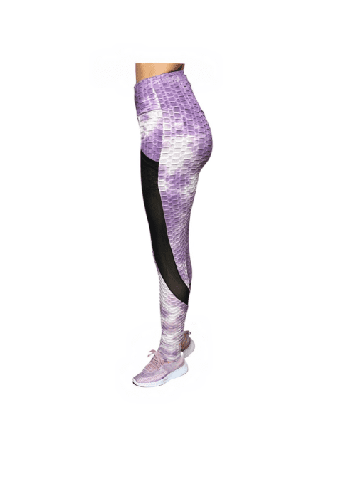 Women's Tie-Dye Honeycomb Textured Leggings with Mesh Panels – Purple & White - Image 2