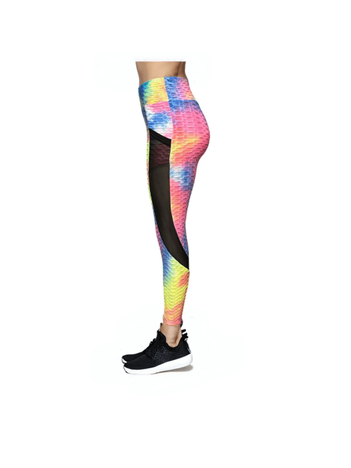 Women's Rainbow Tie-Dye Honeycomb Textured Leggings with Mesh Panels-In-Rainbow Tie-Dye with Black Mesh Accents - Image 2