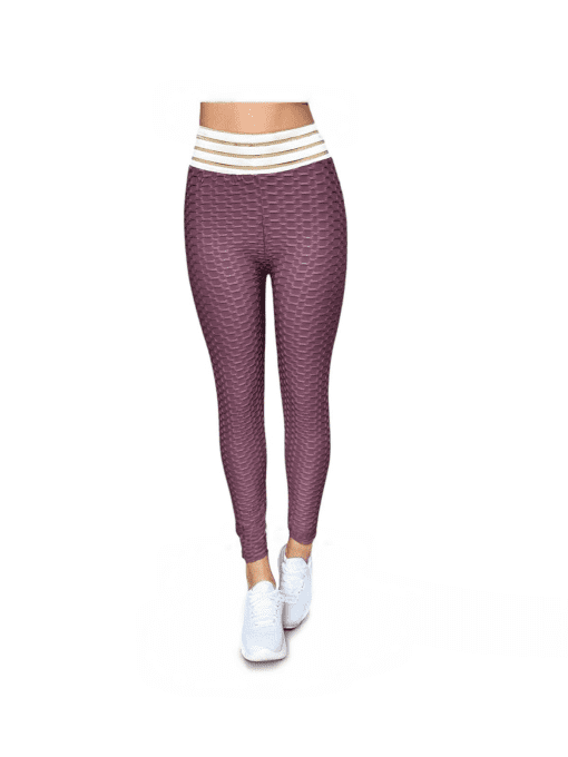 Women's High-Waist Honeycomb Textured Leggings with Striped Waistband – Mauve