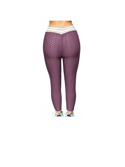 Women's High-Waist Honeycomb Textured Leggings with Striped Waistband – Mauve - Image 2