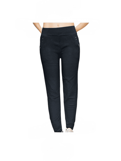 Women's Black High-Waist Stretchable Slim Pants with Rivet Pockets