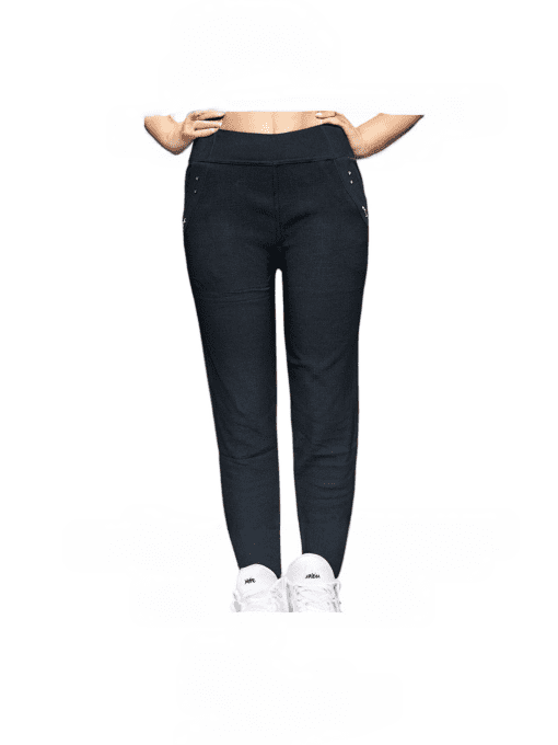 Women's Black High-Waist Tapered Slim-Fit Pants with Rivet Accent Pockets