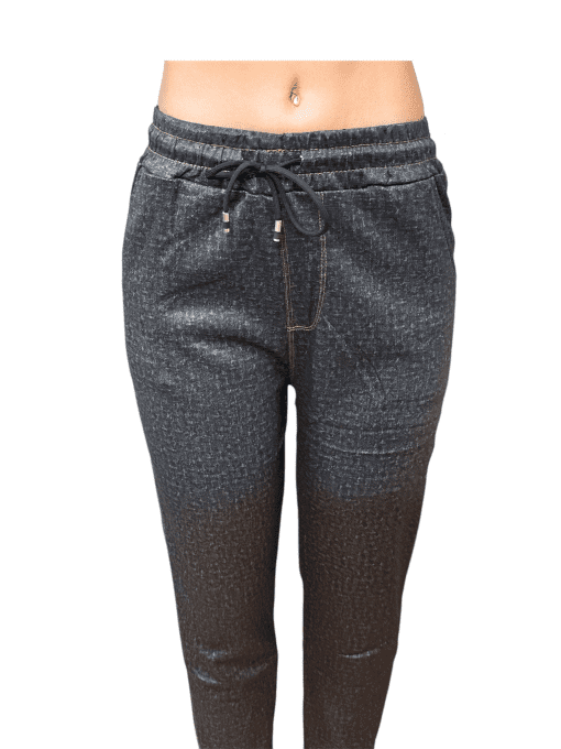 Women's Stretchy Denim-Style Drawstring Pants - Charcoal Black