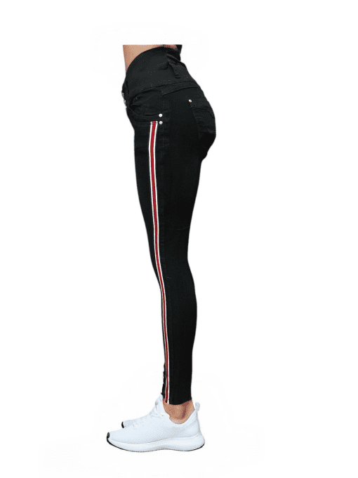 Women's Colombian High-Waist Skinny Jeans with Side Stripe Detailing - Black - Image 3