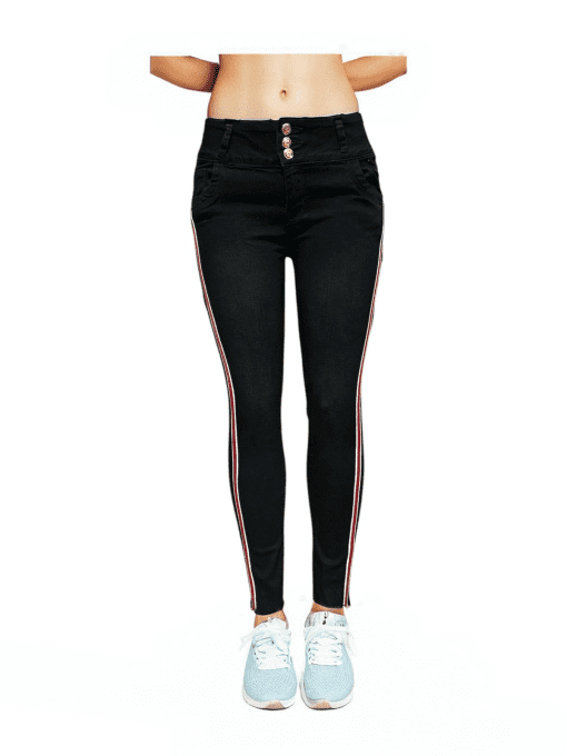 Women's Colombian High-Waist Skinny Jeans with Side Stripe Detailing - Black