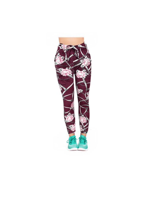 Women's Floral Print High-Waisted Drawstring Jogger Leggings – Elegant Burgundy & Pink Design