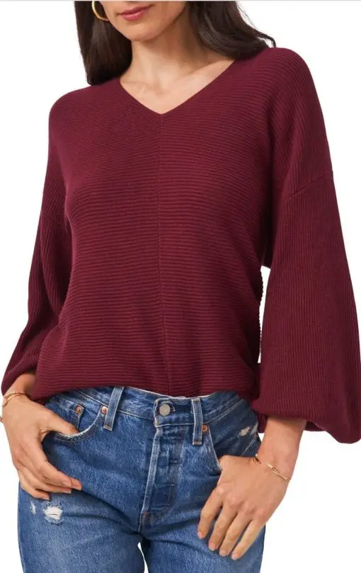 1.state Women's Rib-Knit Bubble Sleeve Long Sleeve Sweater - Windsor Wine SIZEL