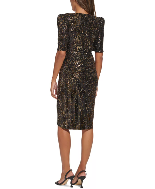 Calvin Klein Womens Sequined V-Neck Elbow- BlackGold 4 - Image 2