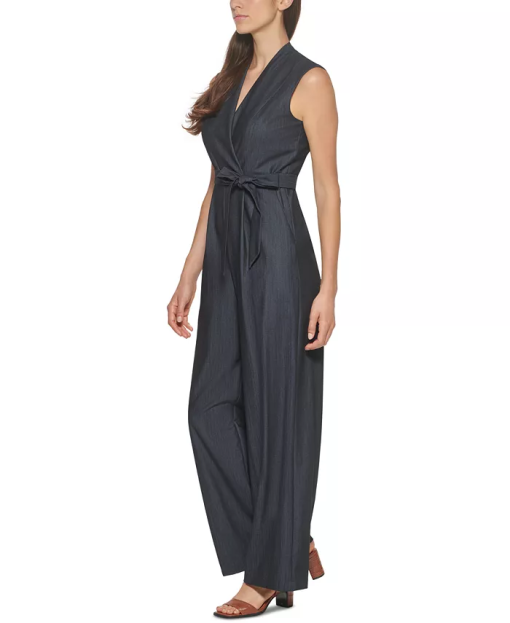 Calvin Klein Belted Chambray Jumpsuit Blue 4 - Image 4