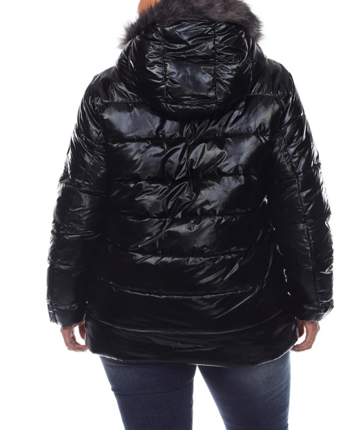 White Mark Plus Size Metallic Puffer Coat Black 2X - Image 3