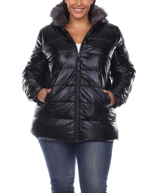 White Mark Plus Size Metallic Puffer Coat Black 2X - Image 2